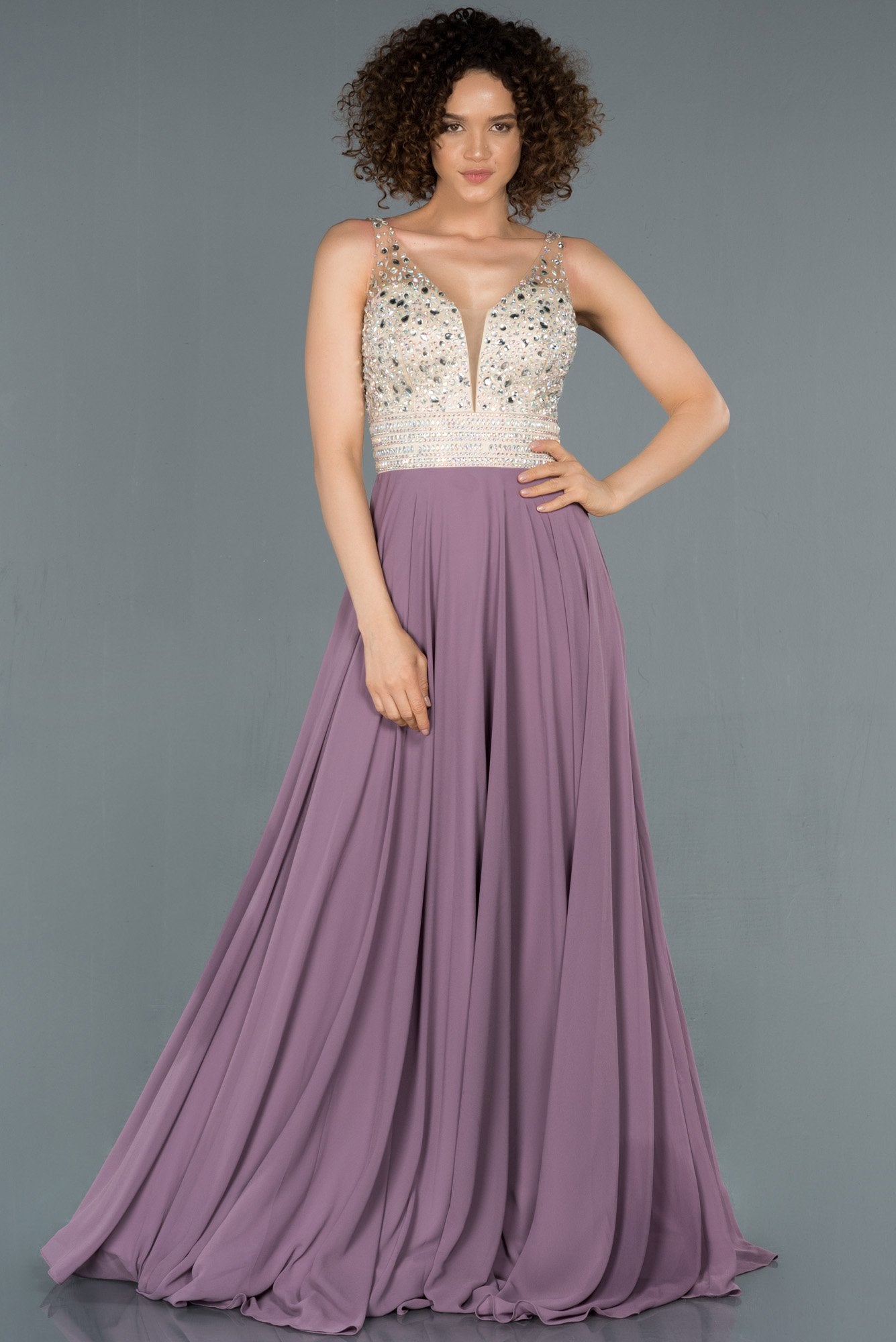 18392 Lavender Stone Embroidered Chiffon Dress