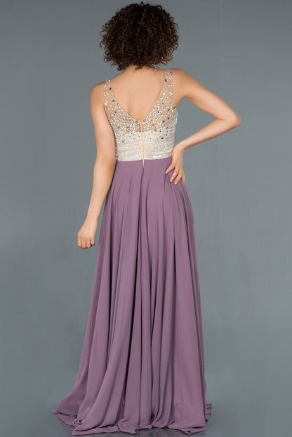 18392 Lavender Stone Embroidered Chiffon Dress