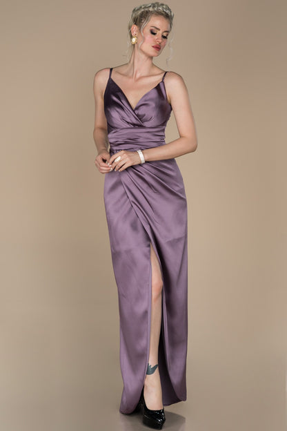 17986 Dusty Rose-Lavender Draped Wrap Skirt Slit Satin Dress