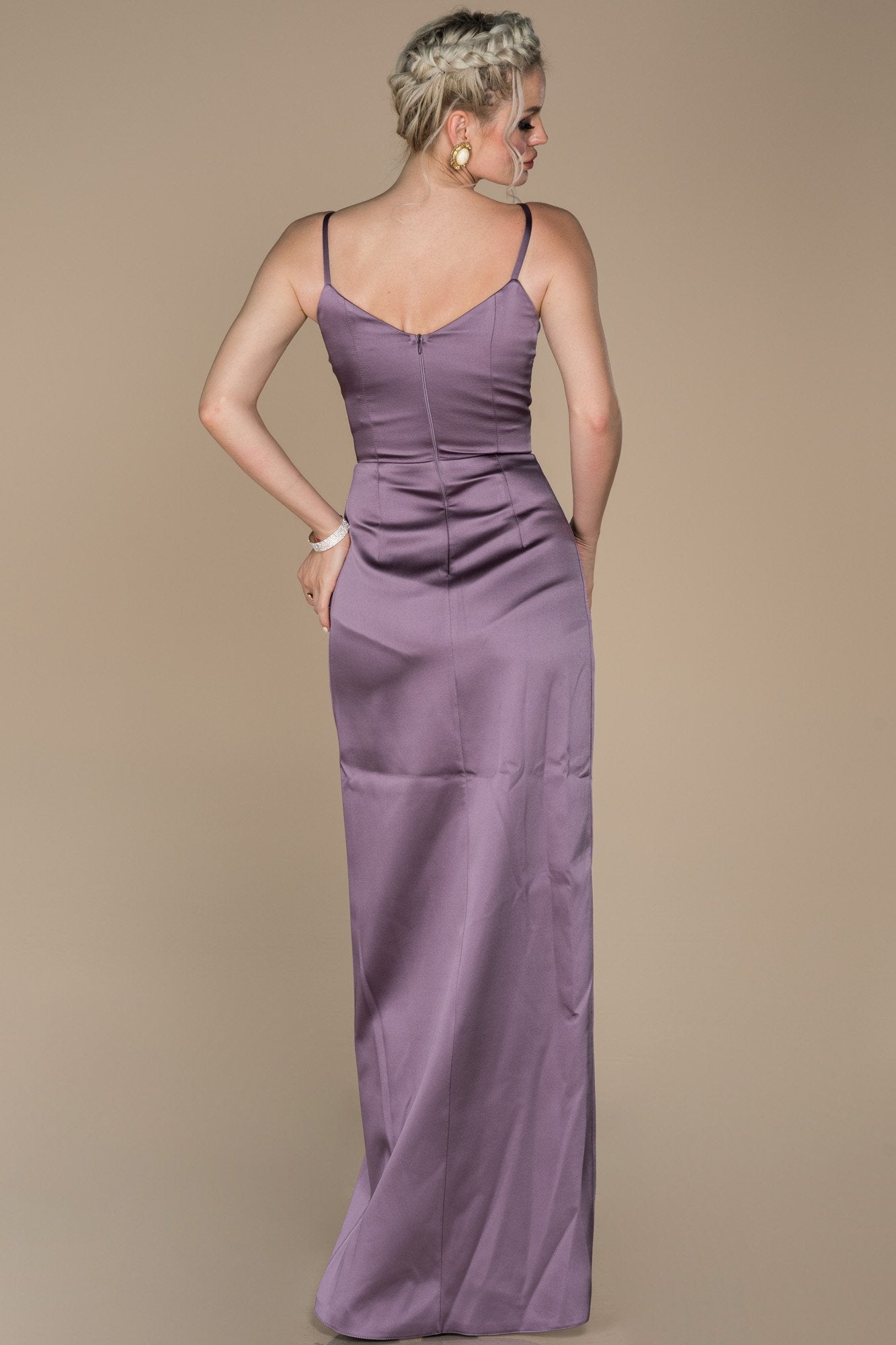 17986 Dusty Rose-Lavender Draped Wrap Skirt Slit Satin Dress