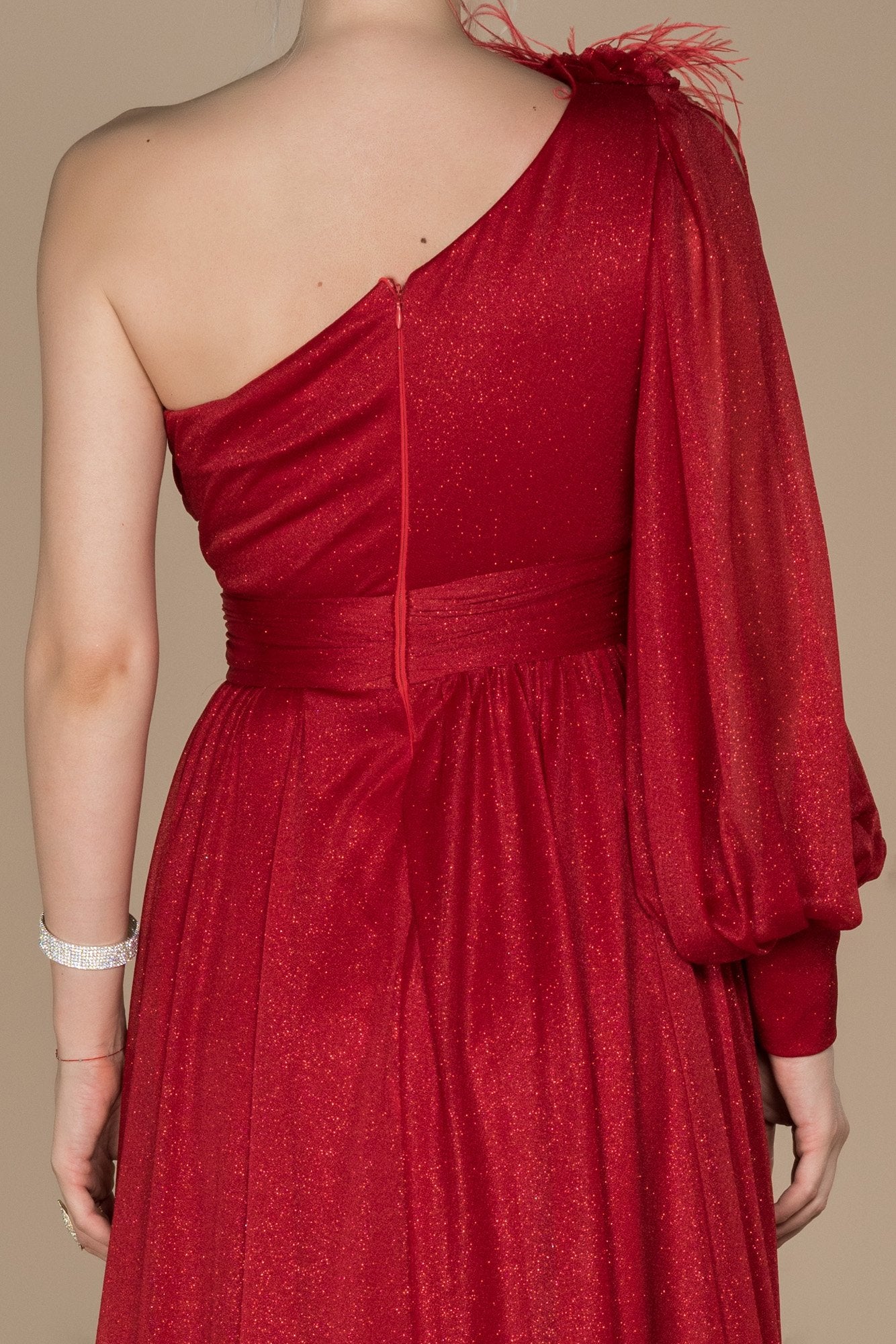 17990 Red One Shoulder Shimmer Slit Dress