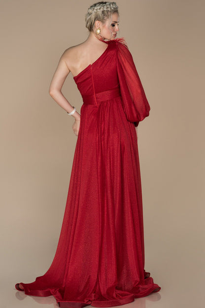 17990 Red One Shoulder Shimmer Slit Dress