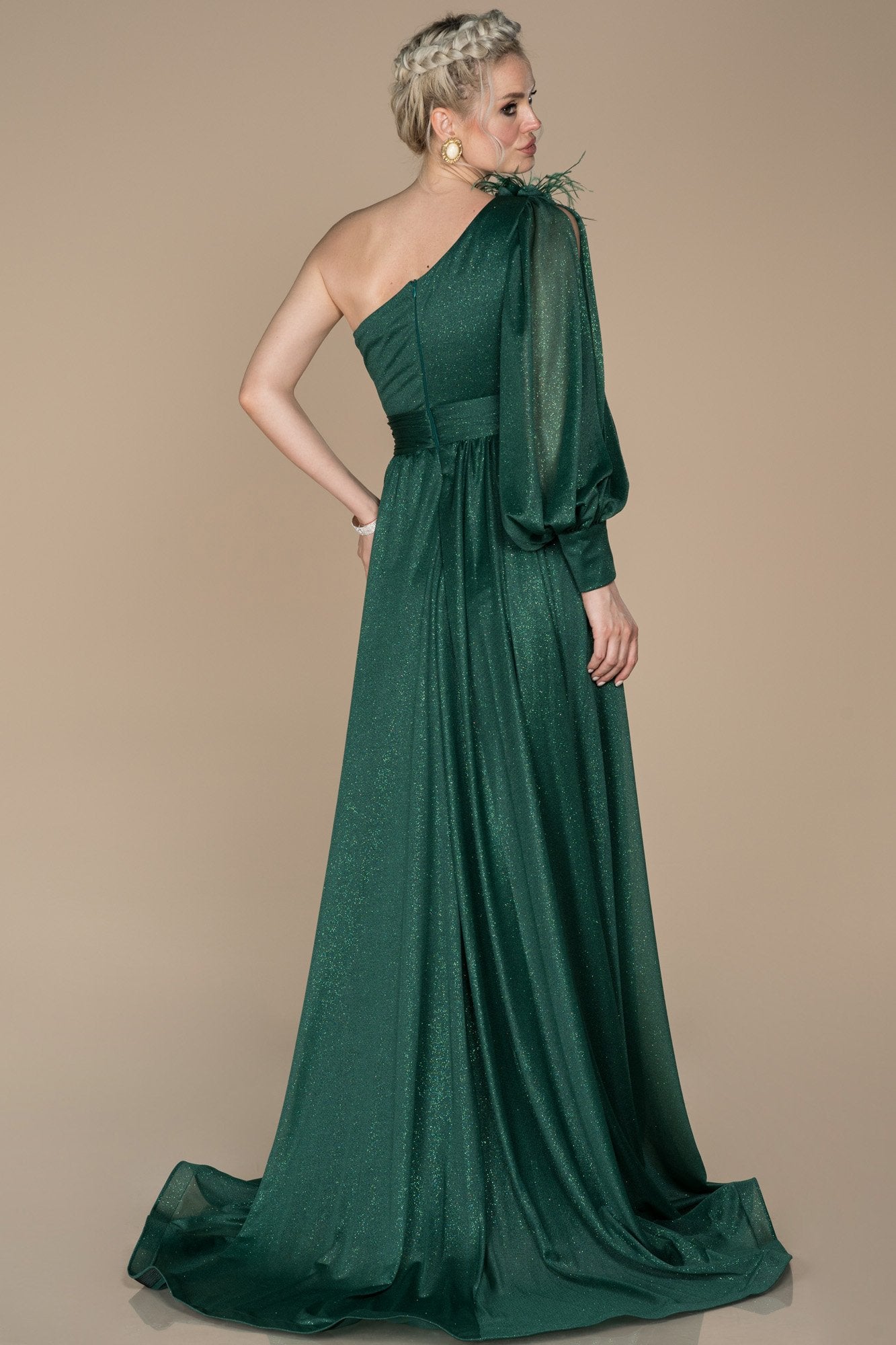 18301 Emerald Green One Sleeve Shimmer Slit Dress