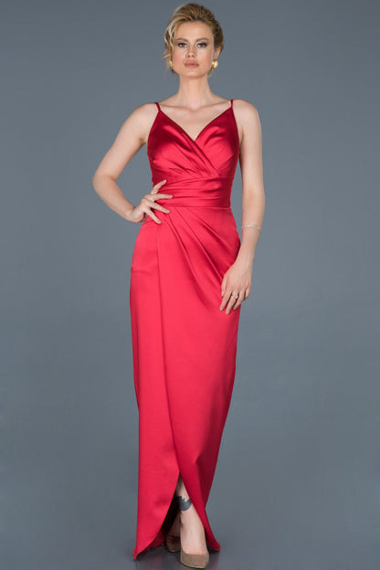 17985 Red Draped Wrap Skirt Slit Satin Dress