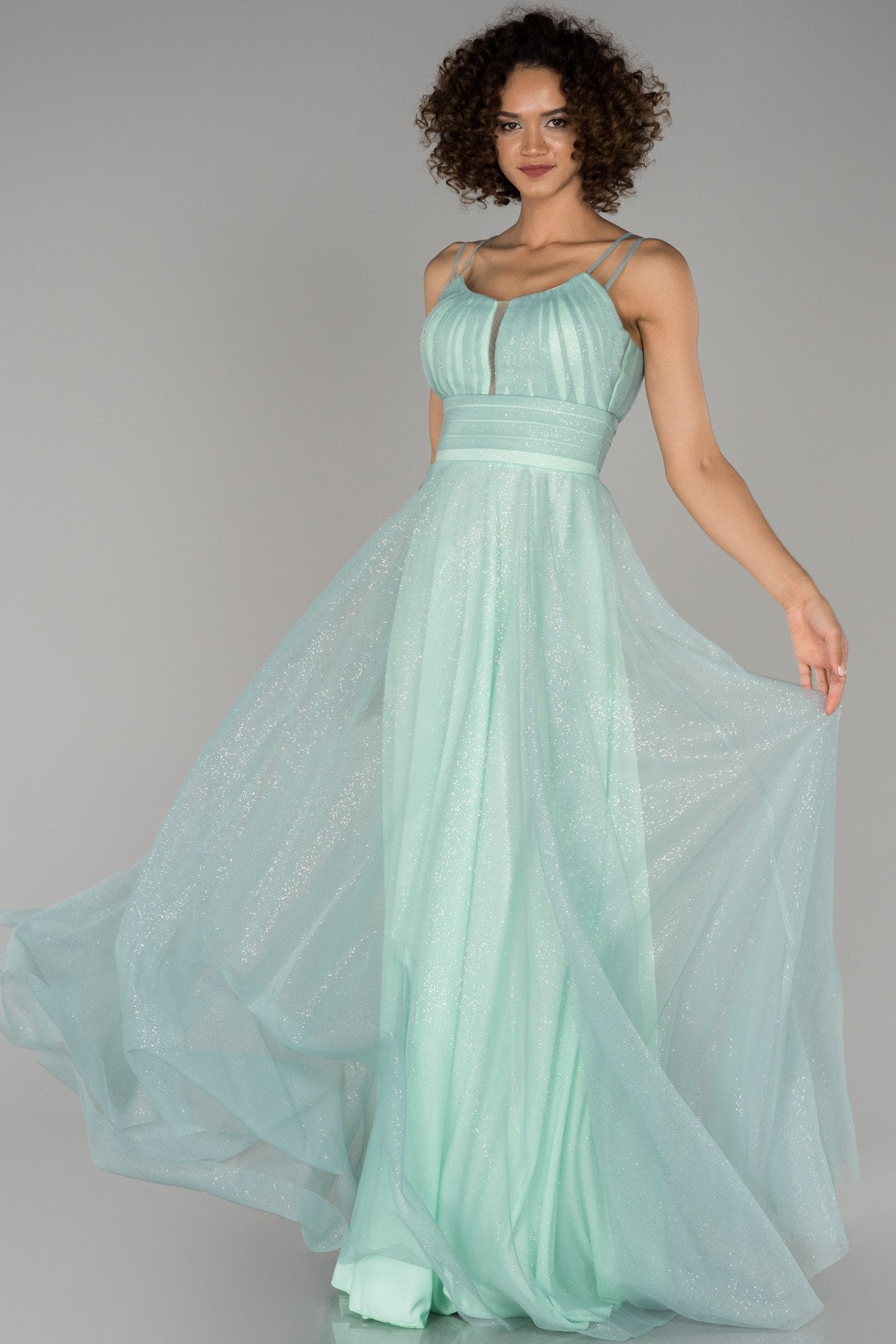 18007 Mint Green Shimmer Tulle Strap Dress