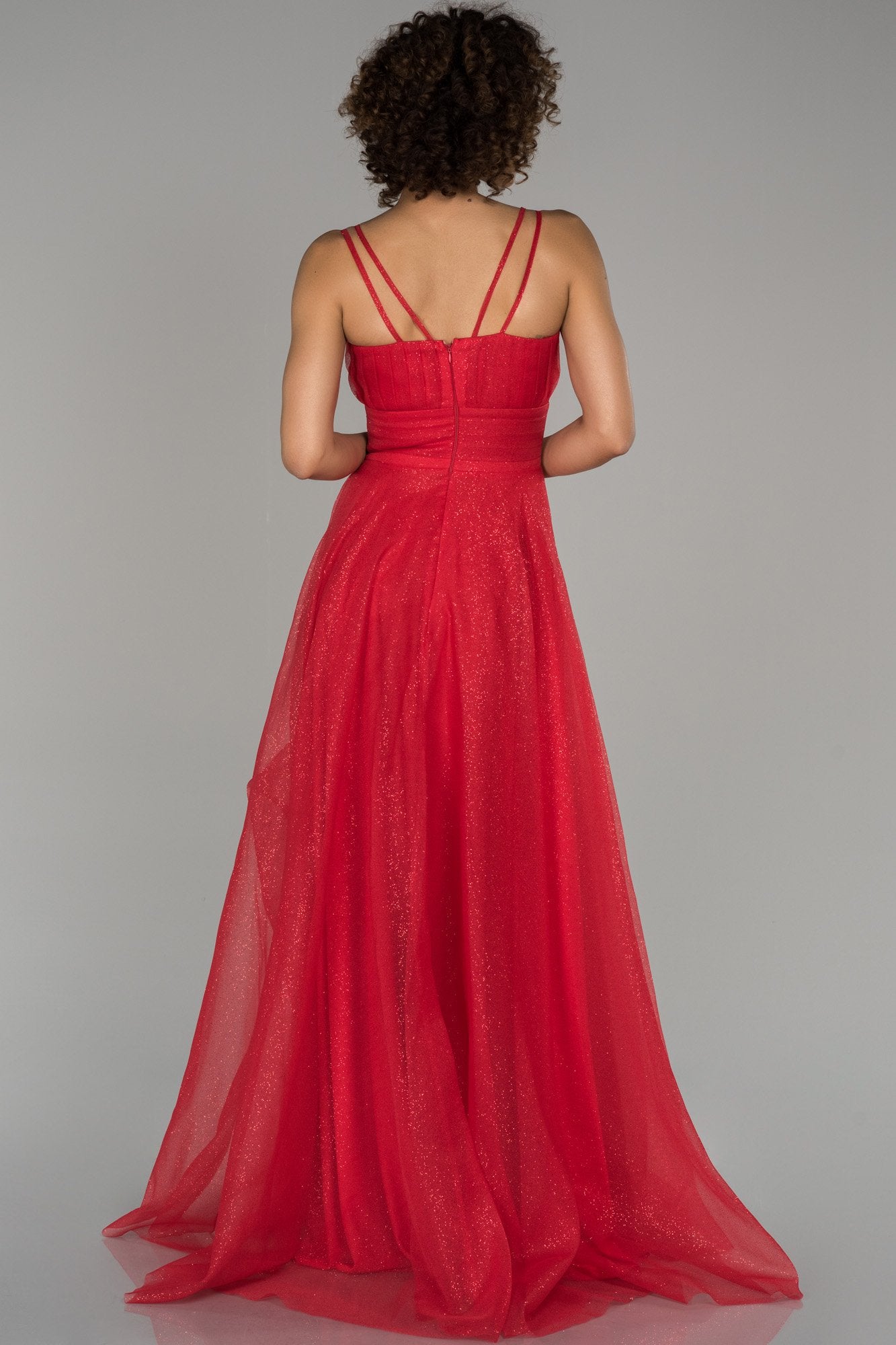 18008 Red Shimmer Tulle Strap Dress