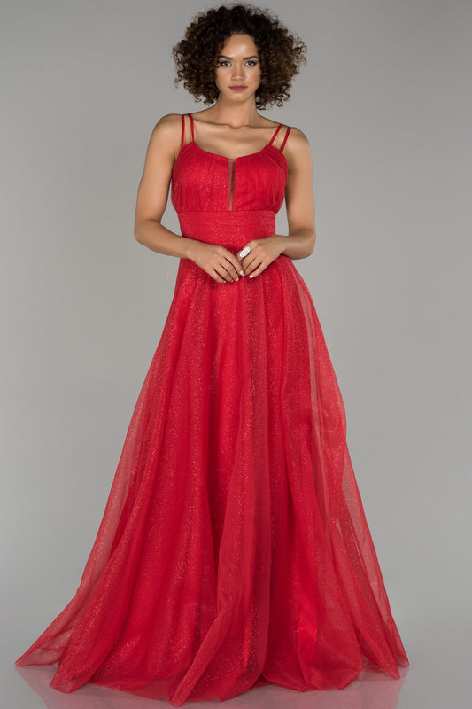 18008 Red Shimmer Tulle Strap Dress