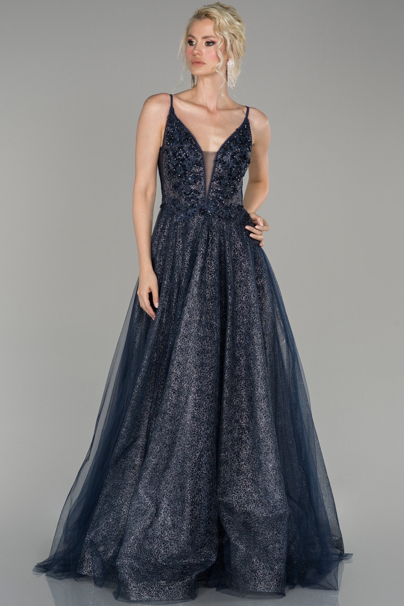 18292 Navy Blue Tulle Layered Princess Dress