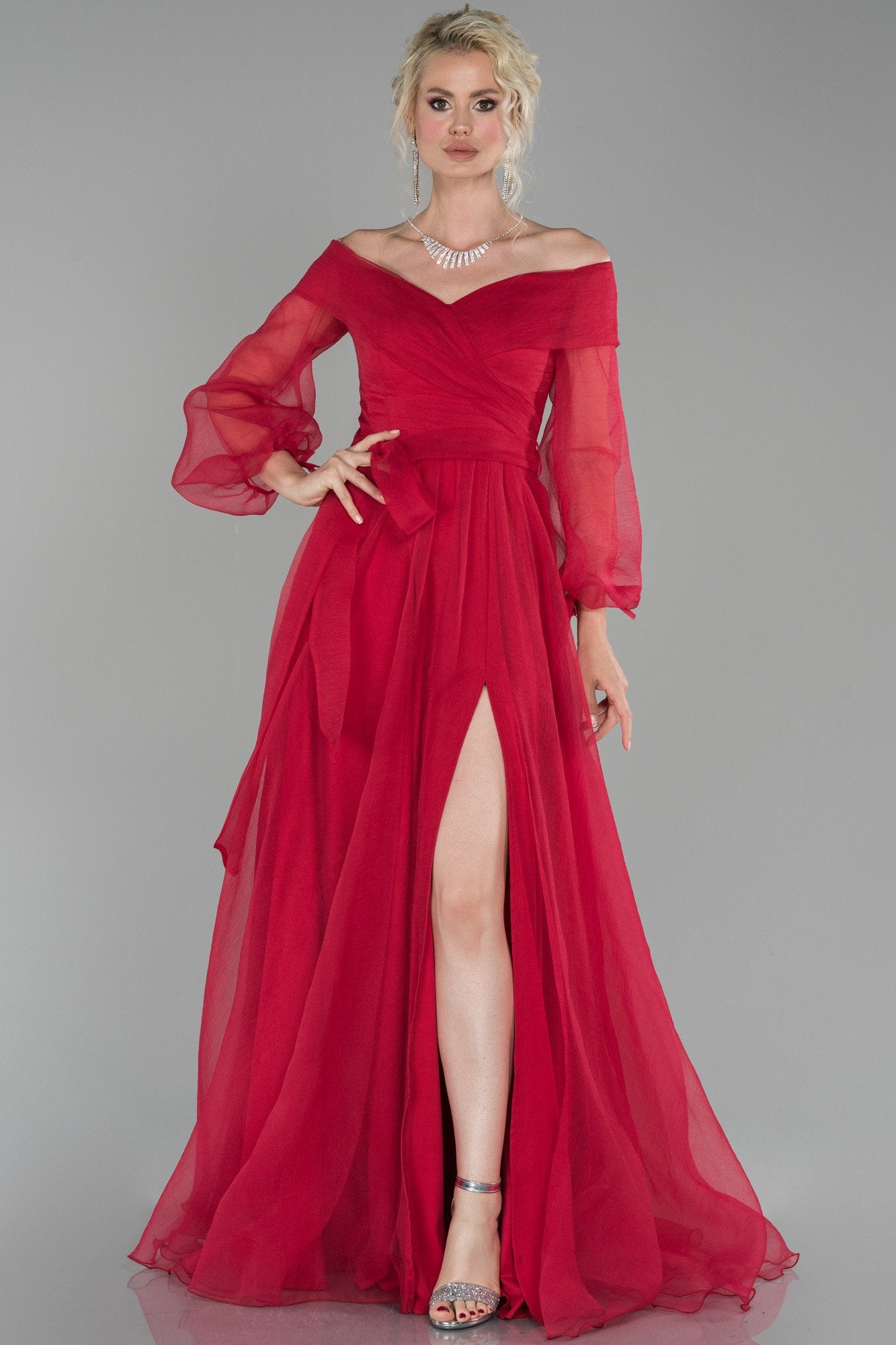 19213 Red Off-Shoulder Balloon Sleeve Slit Dress