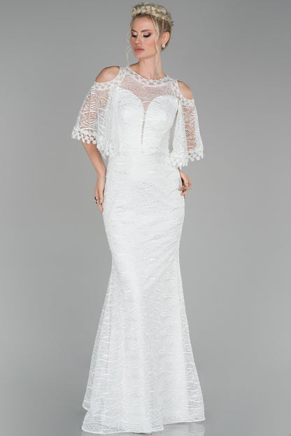 18245 Ecru Cold Shoulder Lace Mermaid Dress