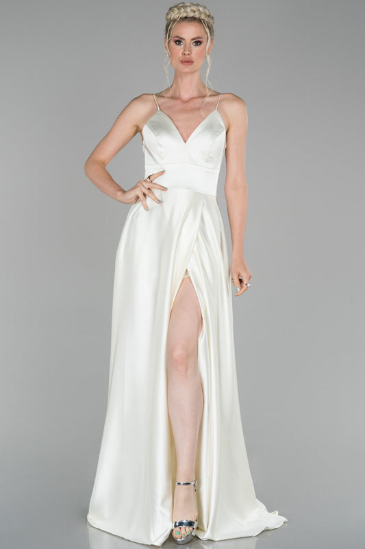 18254 Off-White Cross Strap Back Satin Slit Dress