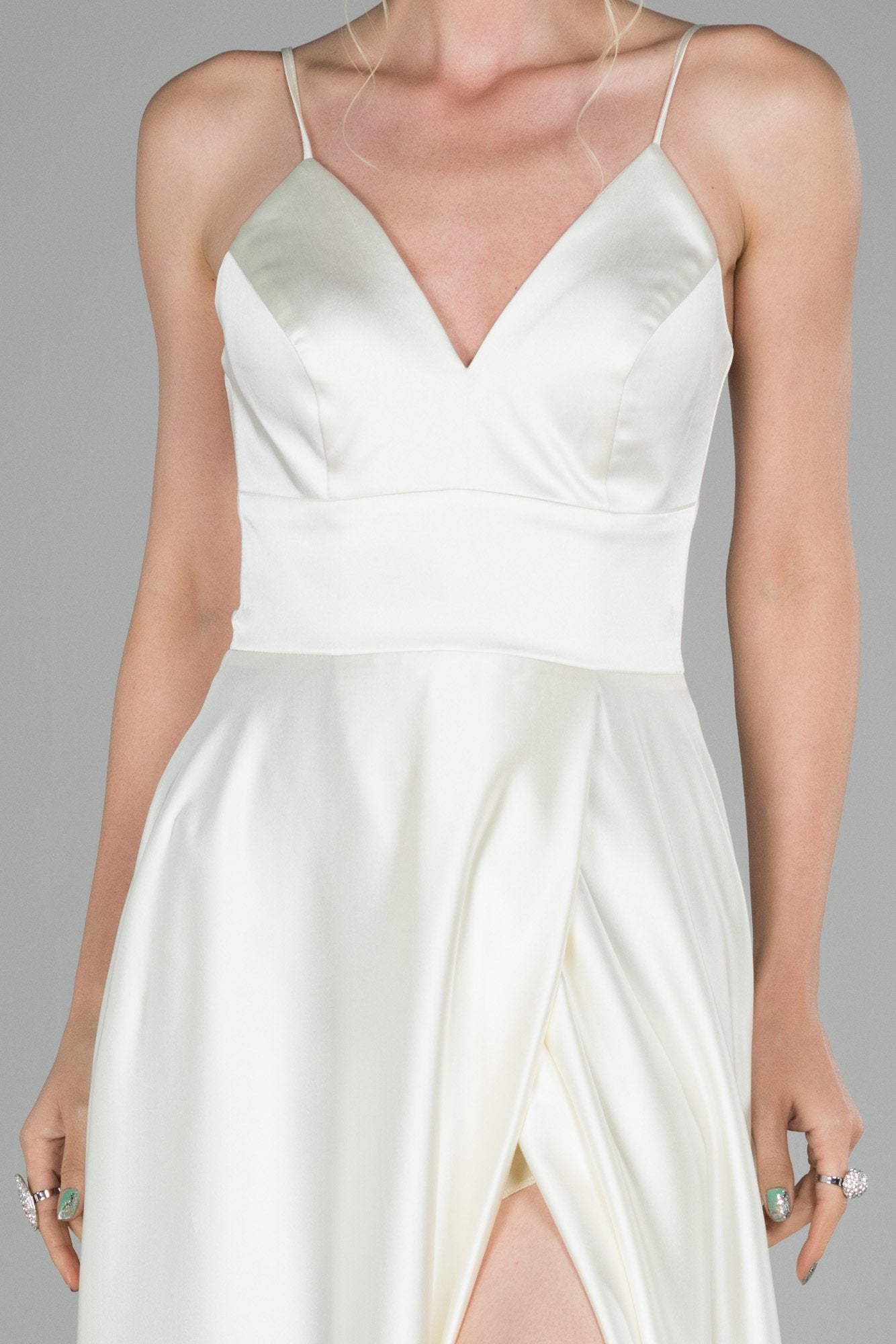 18254 Off-White Cross Strap Back Satin Slit Dress