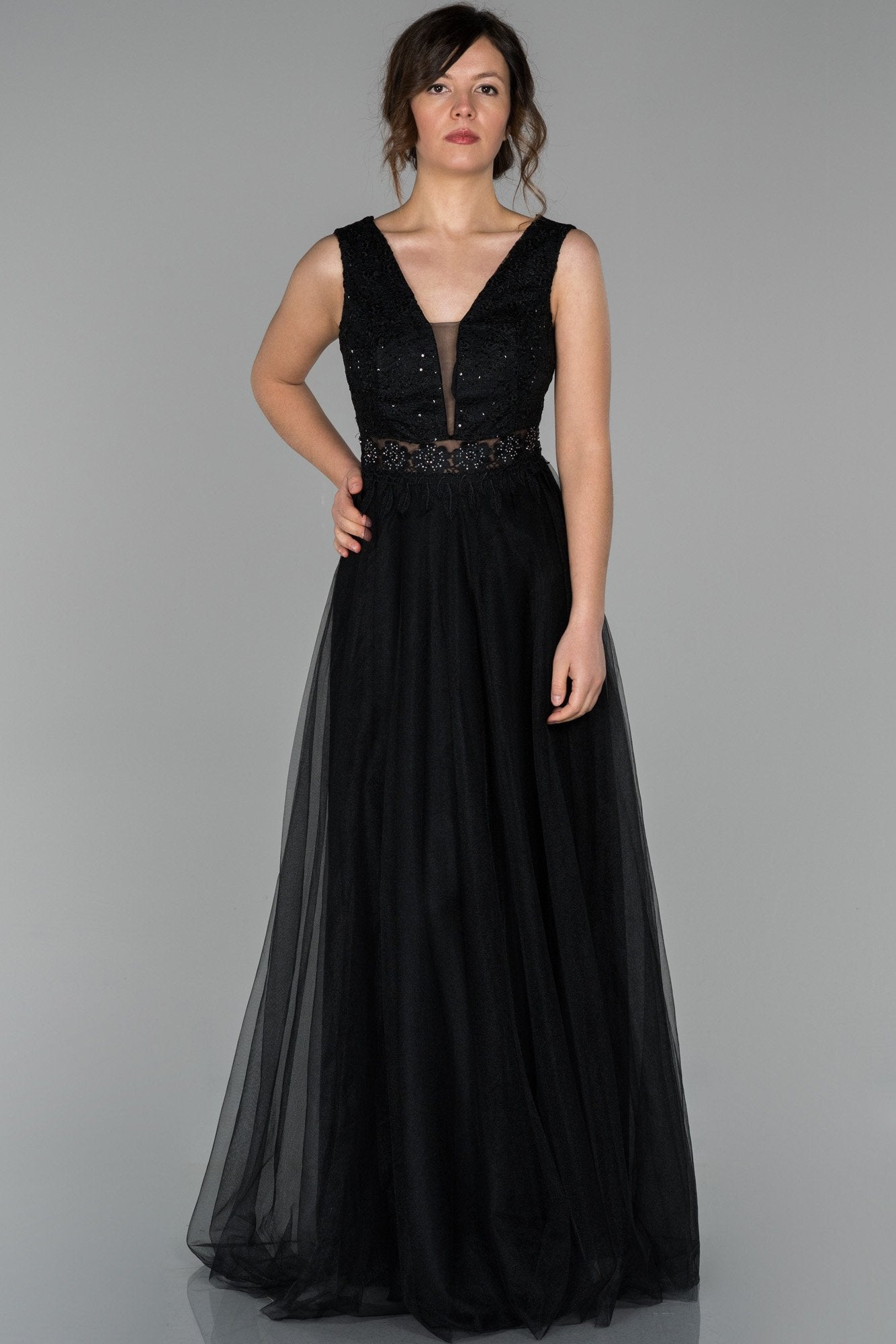 19068 Black Sequined Lace Top Tulle Dress