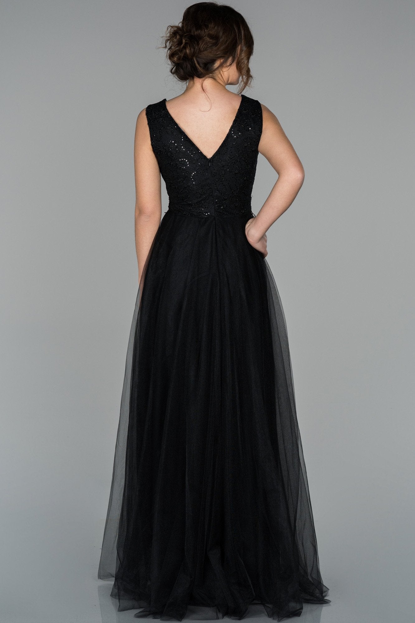 19068 Black Sequined Lace Top Tulle Dress