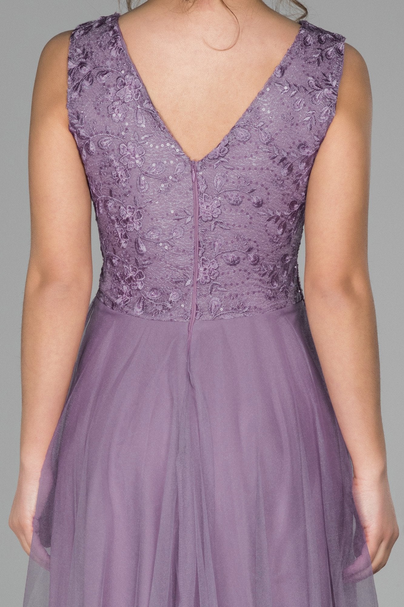 19067 Lavender Embroidered Lace Top Tulle Dress