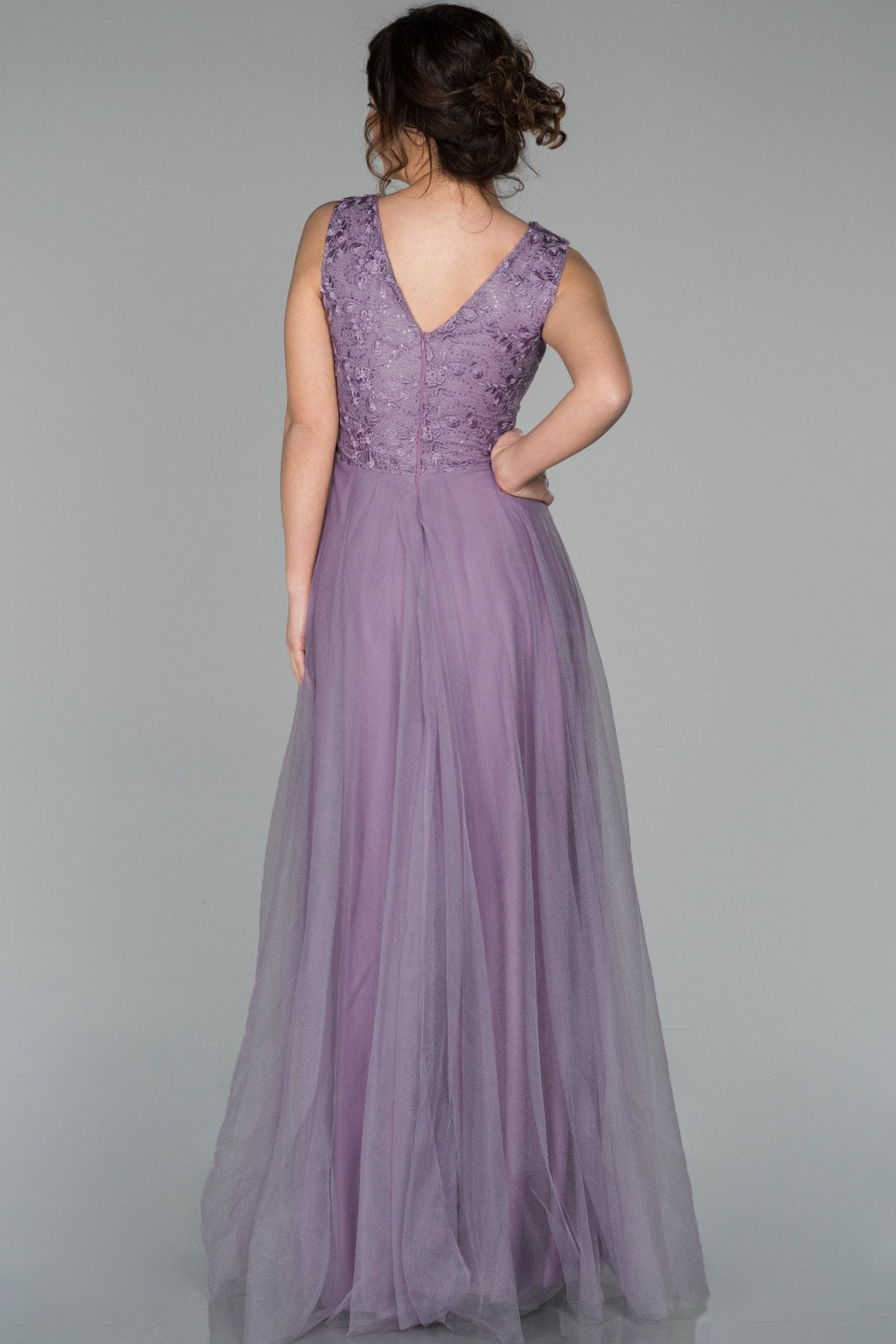 19067 Lavender Embroidered Lace Top Tulle Dress