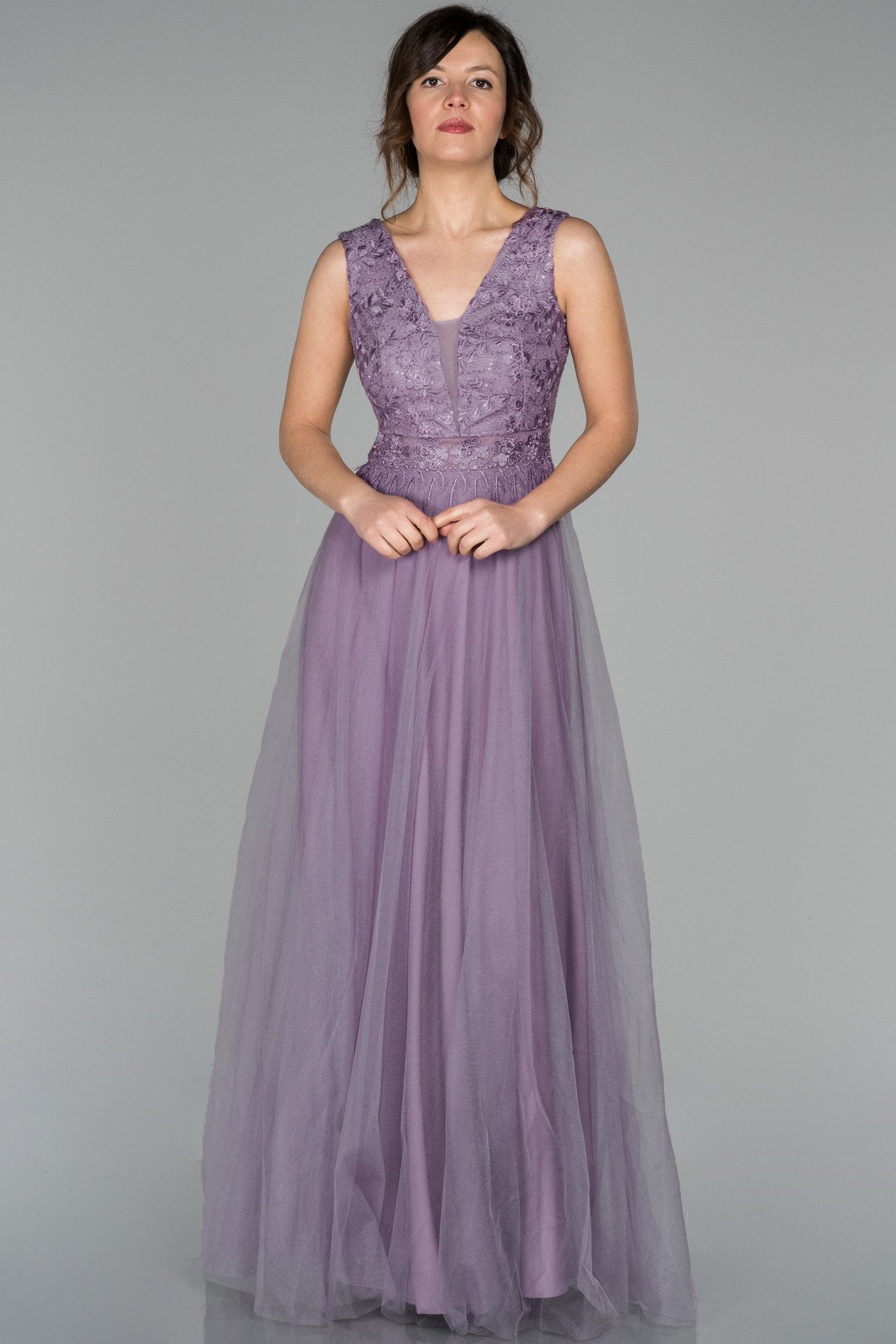 19067 Lavender Embroidered Lace Top Tulle Dress