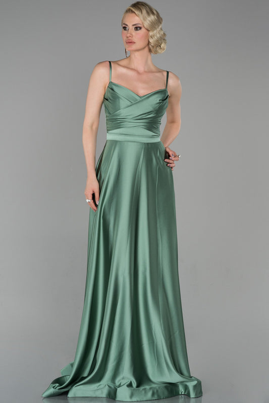 19184 Mint Green Draped Satin Strap Dress