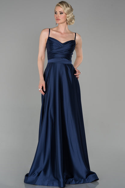 19183 Navy Blue Draped Satin Strap Dress