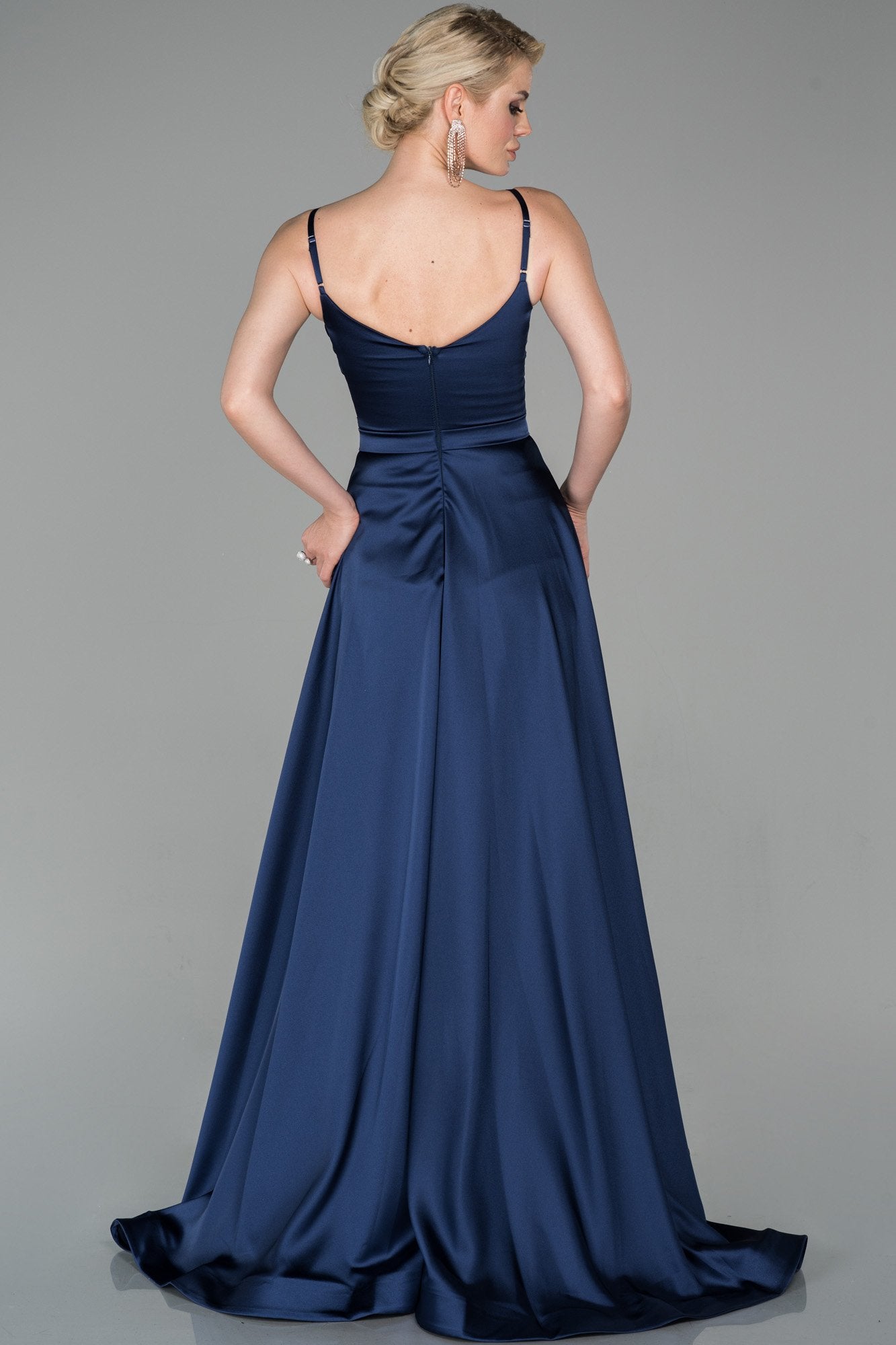 19183 Navy Blue Draped Satin Strap Dress