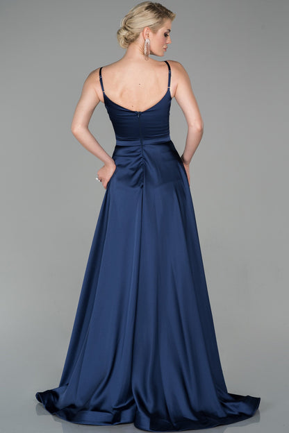 19183 Navy Blue Draped Satin Strap Dress