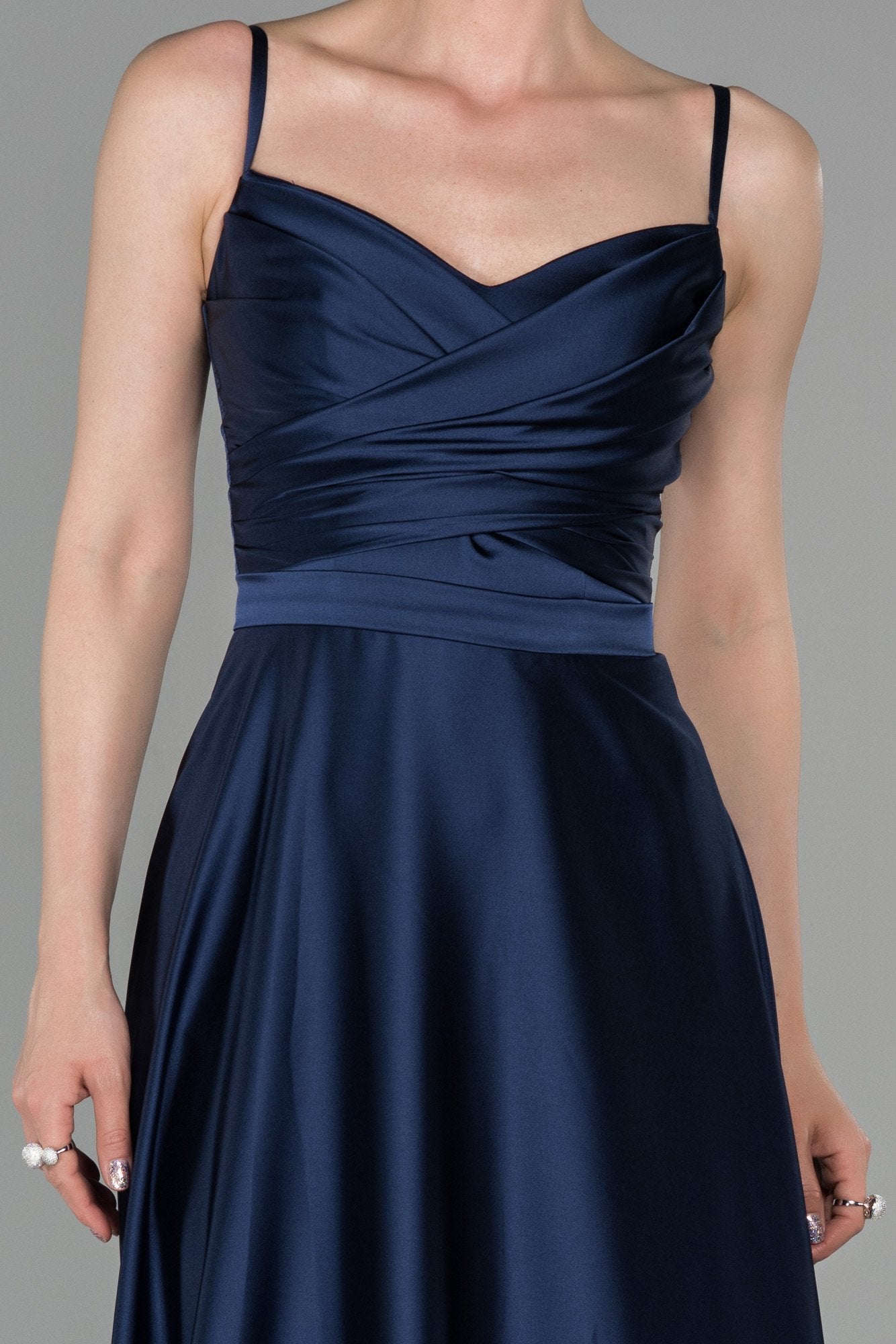 19183 Navy Blue Draped Satin Strap Dress