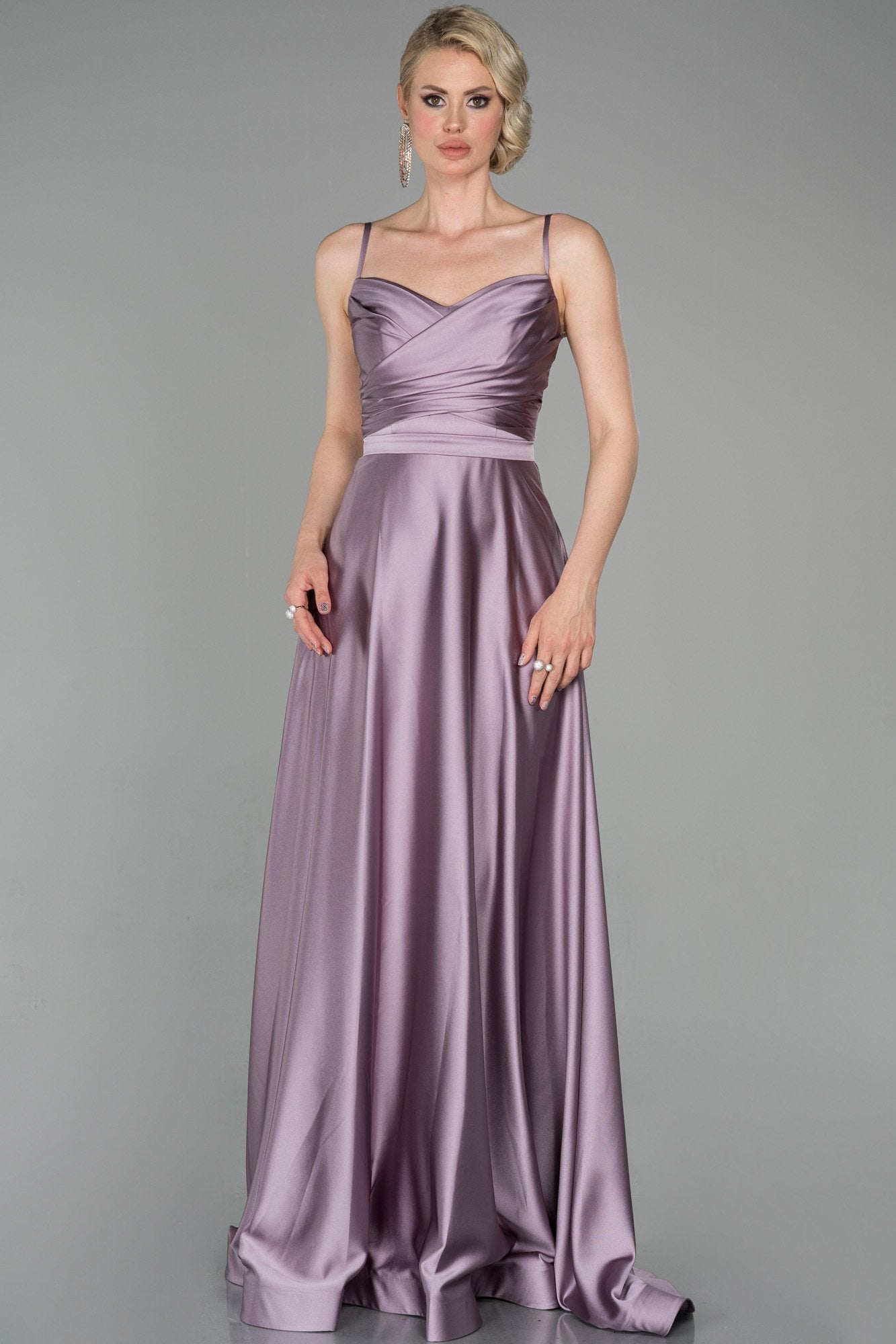 19186 Dusty Pink Draped Satin Strap Dress