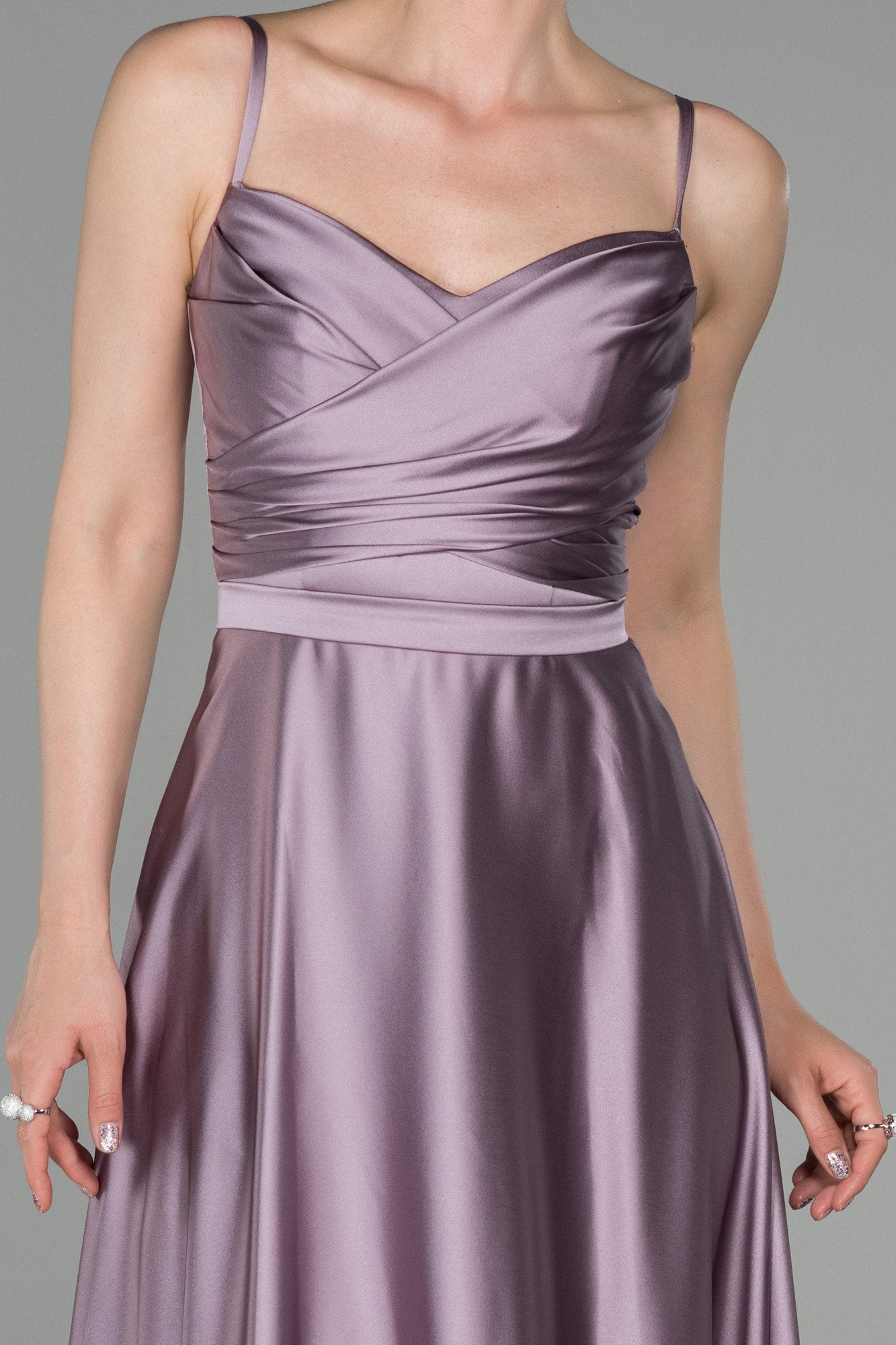 19186 Dusty Pink Draped Satin Strap Dress