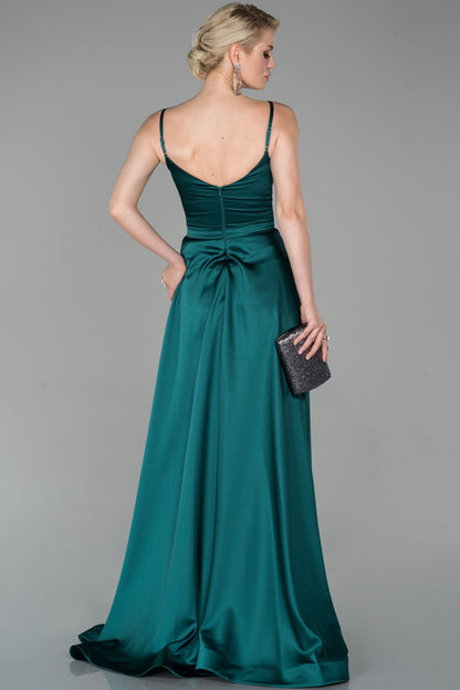 19187 Emerald Green Draped Satin Strap Dress