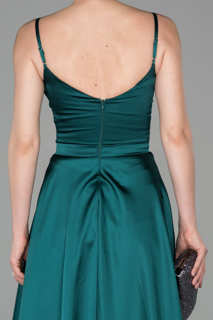 19187 Emerald Green Draped Satin Strap Dress