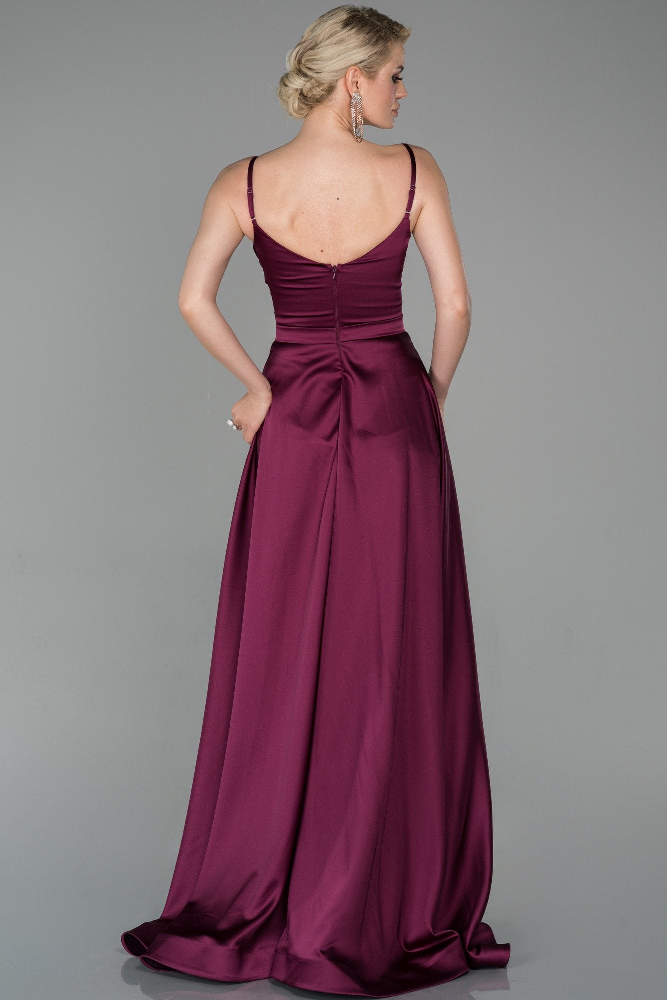 19185 Plum Draped Satin Strap Dress