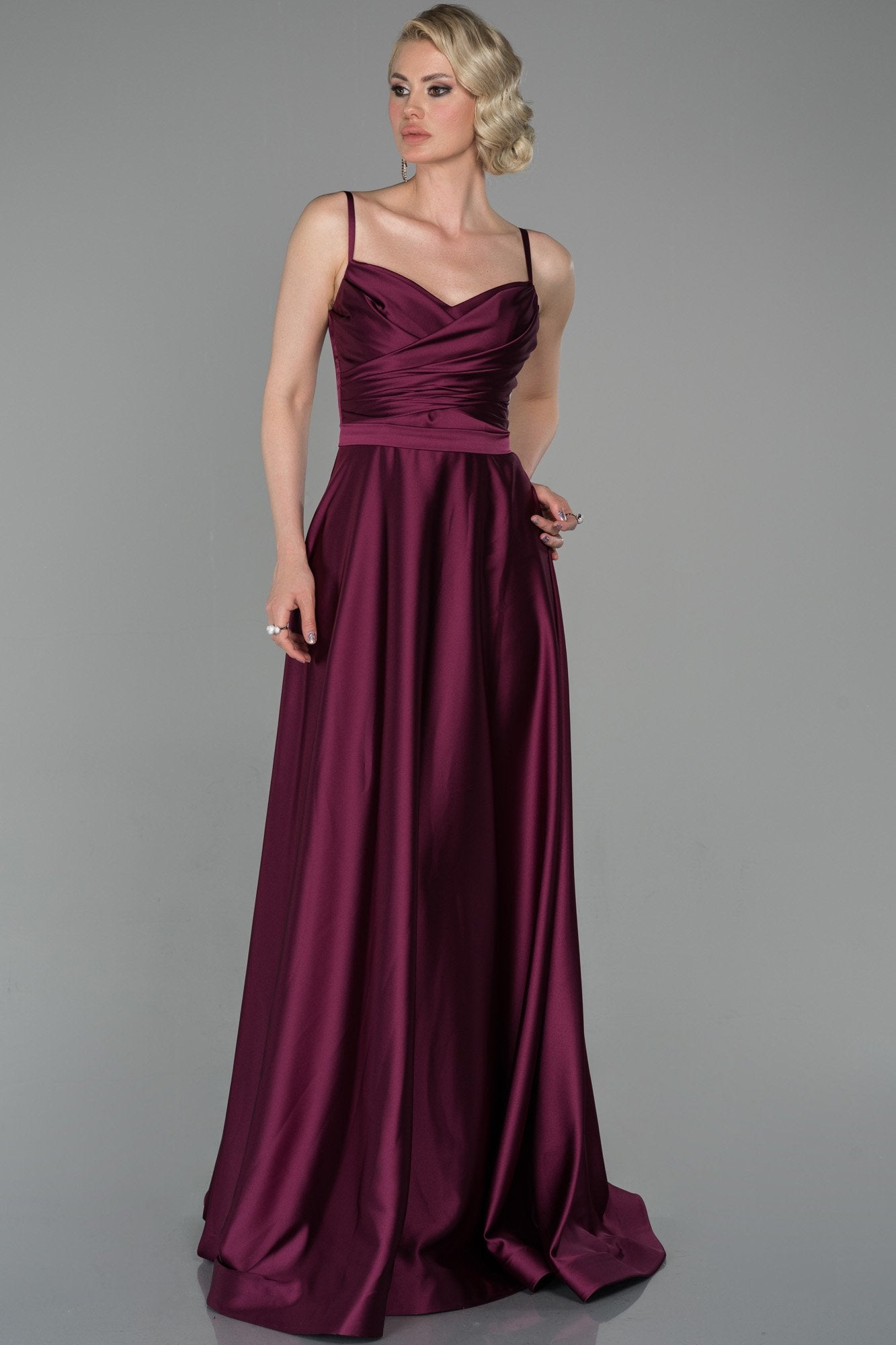 19185 Plum Draped Satin Strap Dress