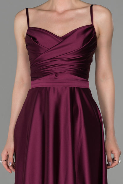 19185 Plum Draped Satin Strap Dress