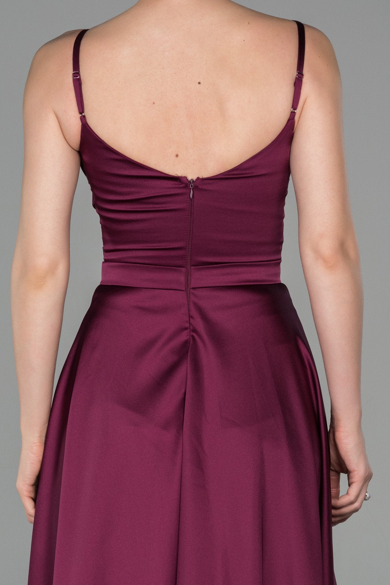 19185 Plum Draped Satin Strap Dress