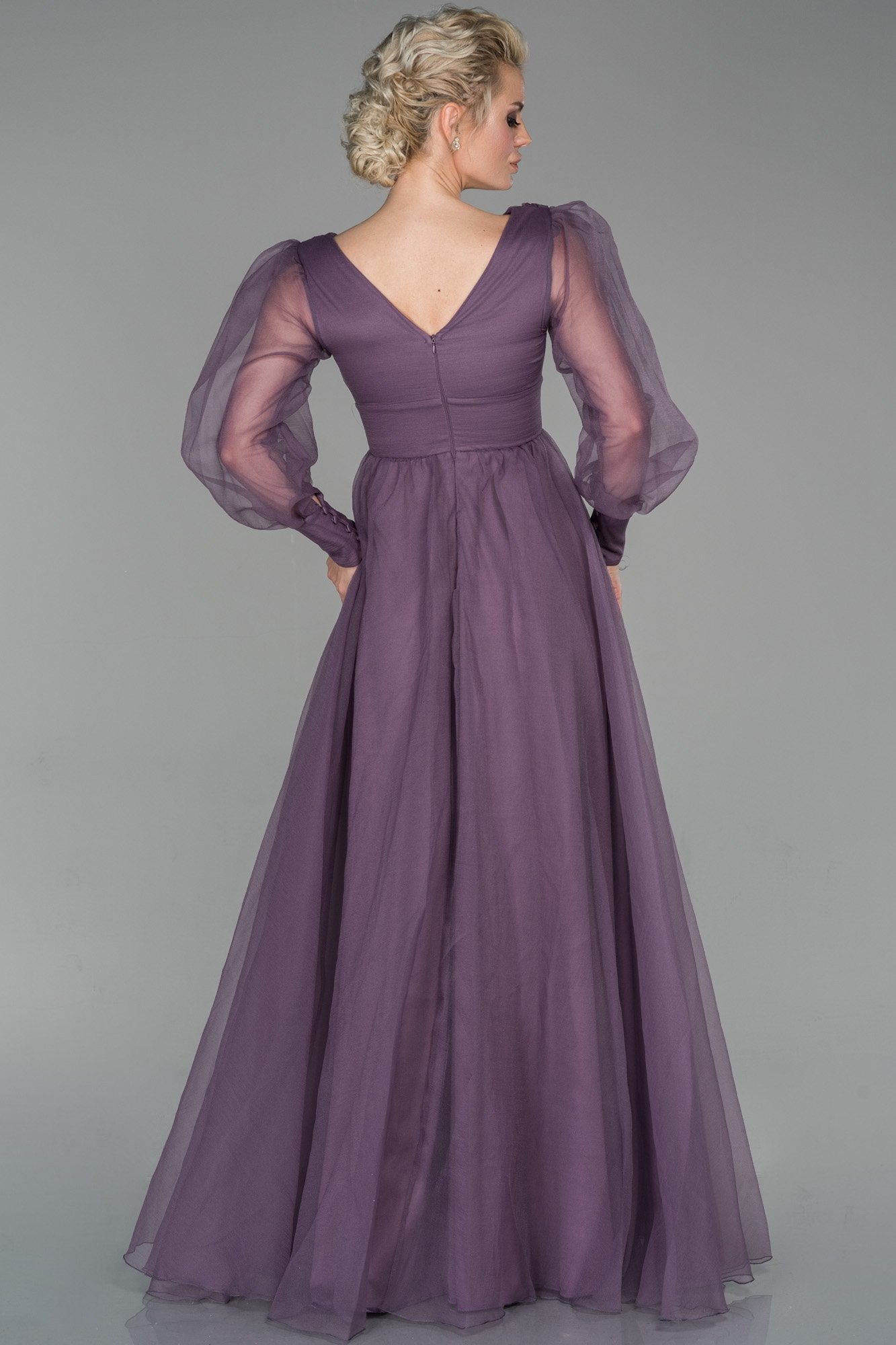 19179 Lavender Sheer Balloon Sleeve Ball Gown