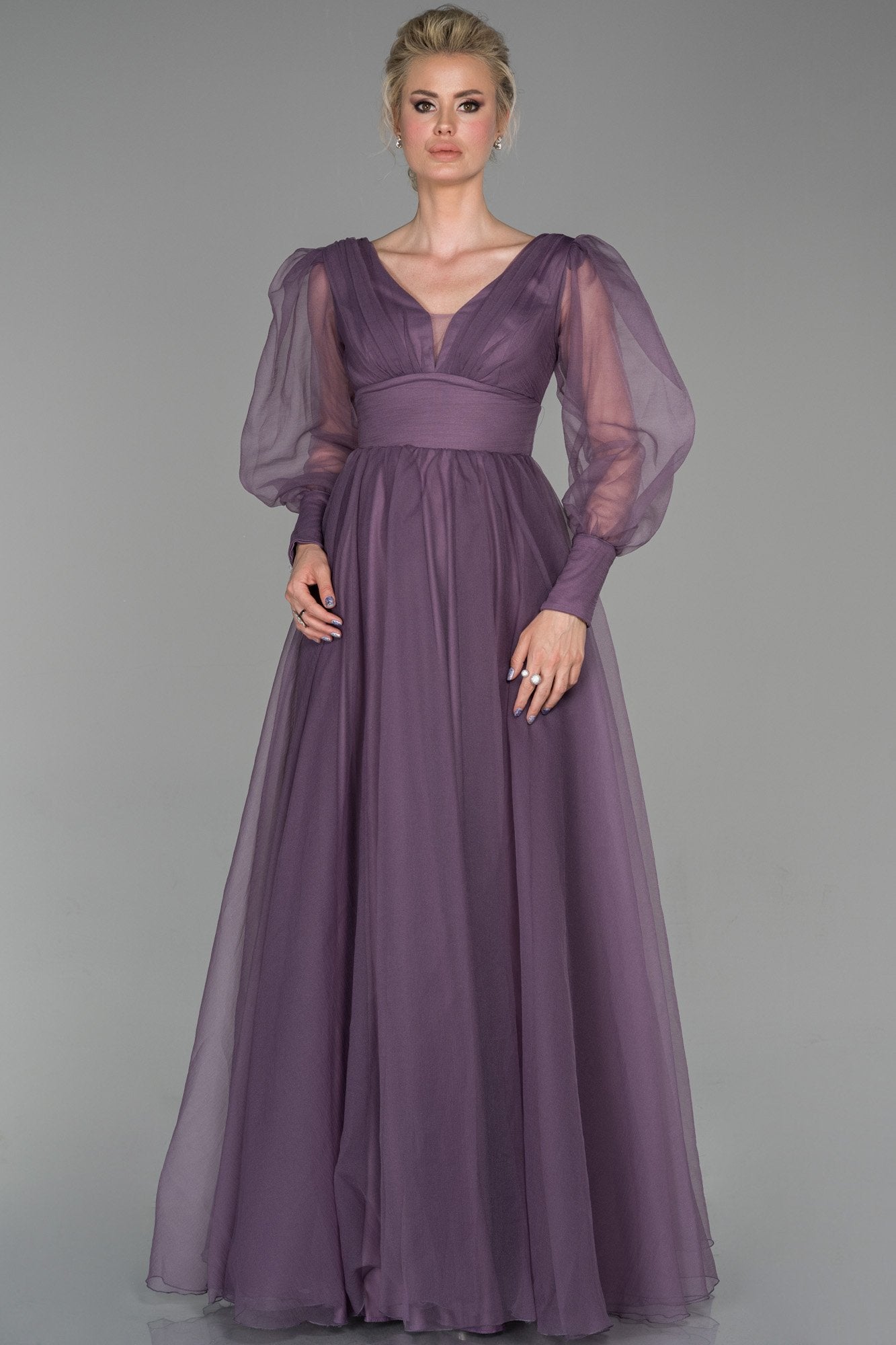 19179 Lavender Sheer Balloon Sleeve Ball Gown