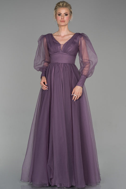 19179 Lavender Sheer Balloon Sleeve Ball Gown