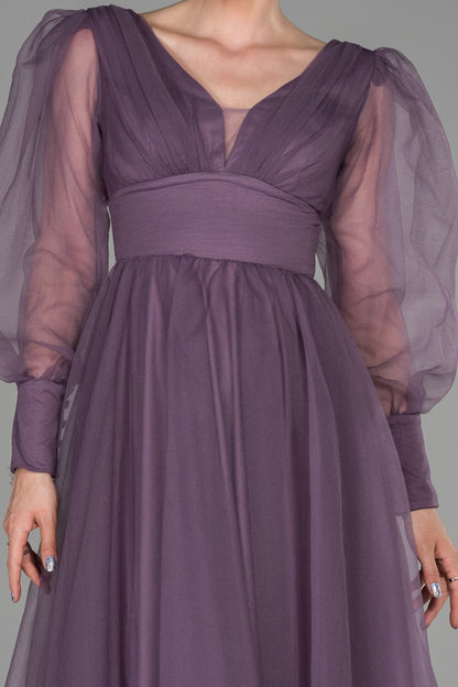 19179 Lavender Sheer Balloon Sleeve Ball Gown