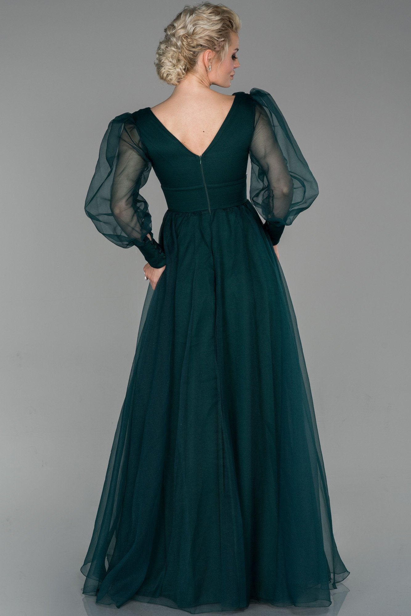 19180 Emerald Green Sheer Balloon Sleeve Ball Gown