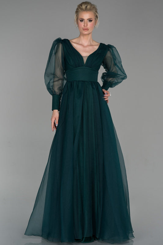 19180 Emerald Green Sheer Balloon Sleeve Ball Gown