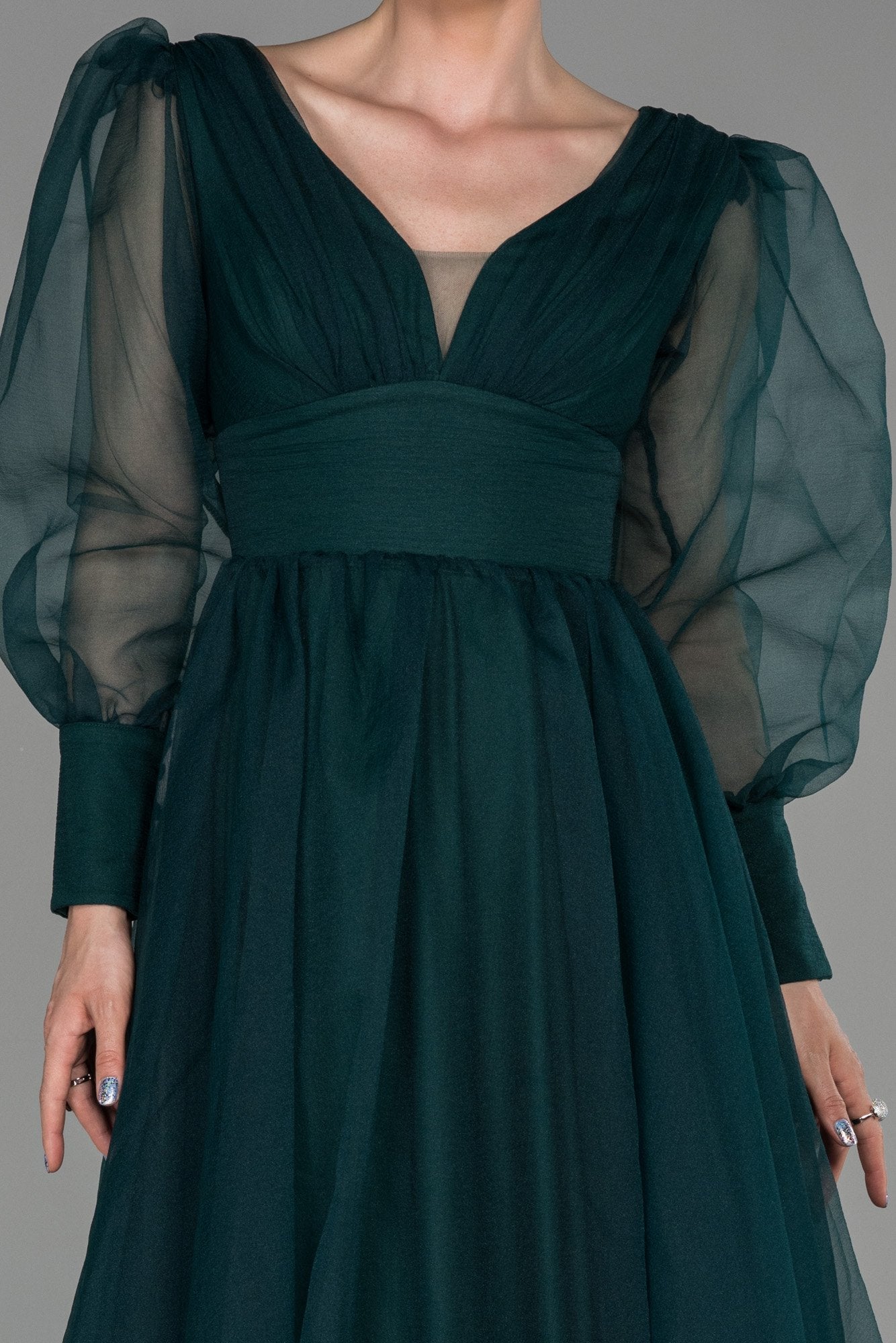 19180 Emerald Green Sheer Balloon Sleeve Ball Gown