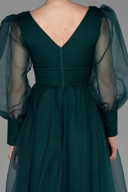 19180 Emerald Green Sheer Balloon Sleeve Ball Gown