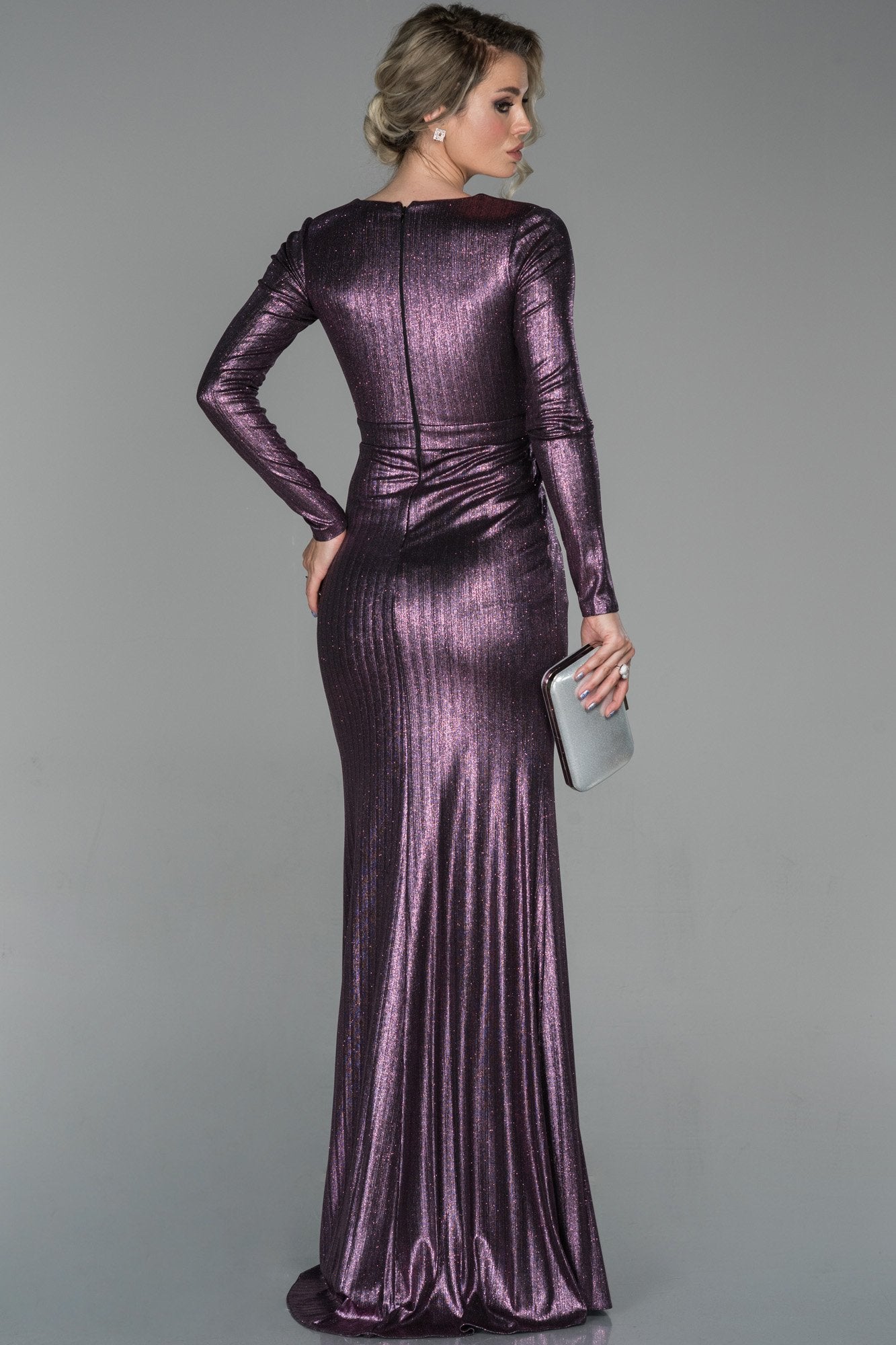 19211 Purple Metallic Draped Slit Dress