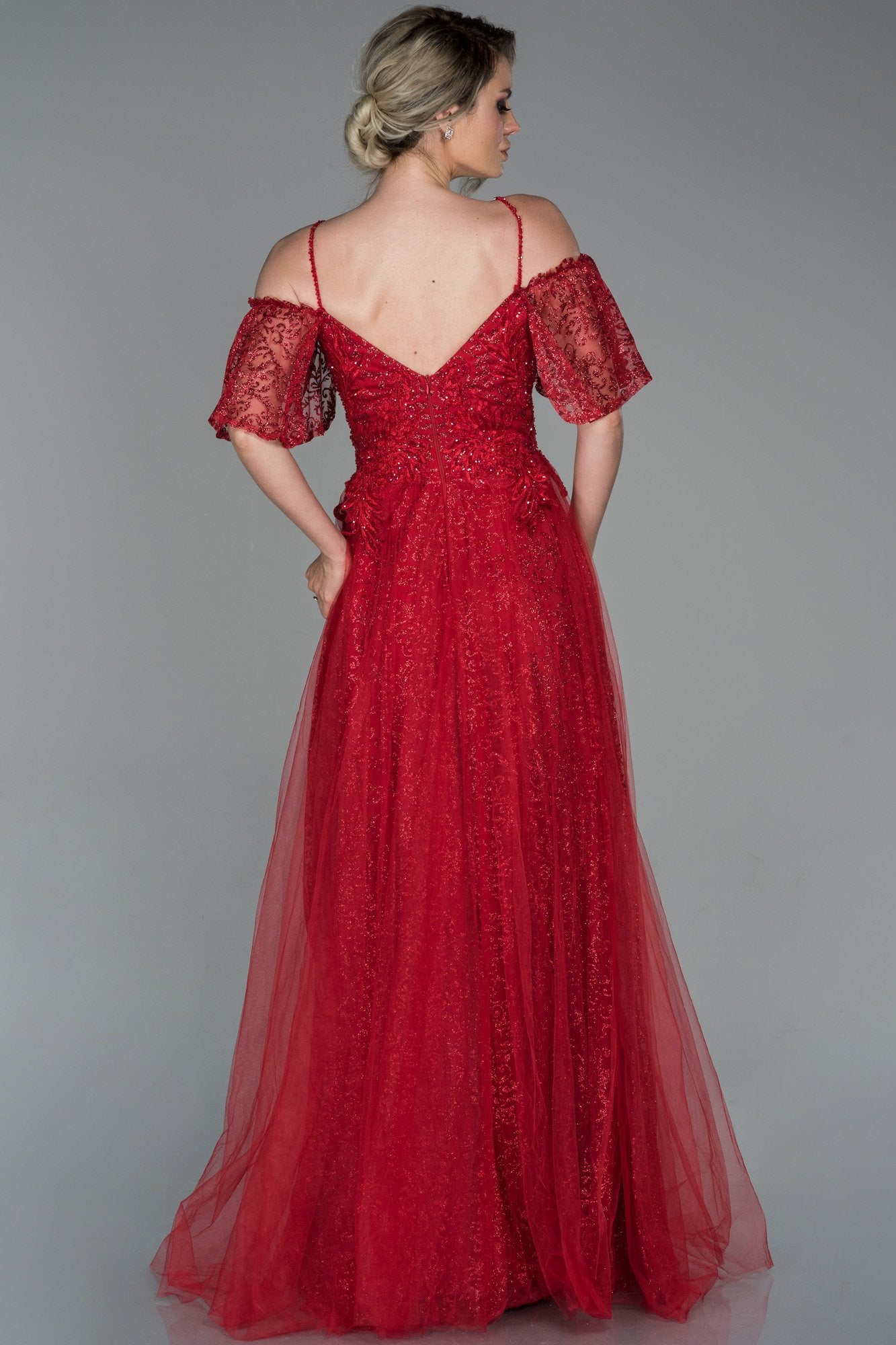 19203 Red Shimmer Detail Tulle Dress