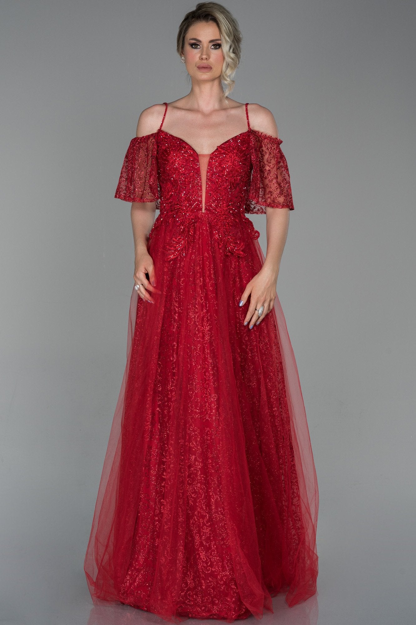 19203 Red Shimmer Detail Tulle Dress