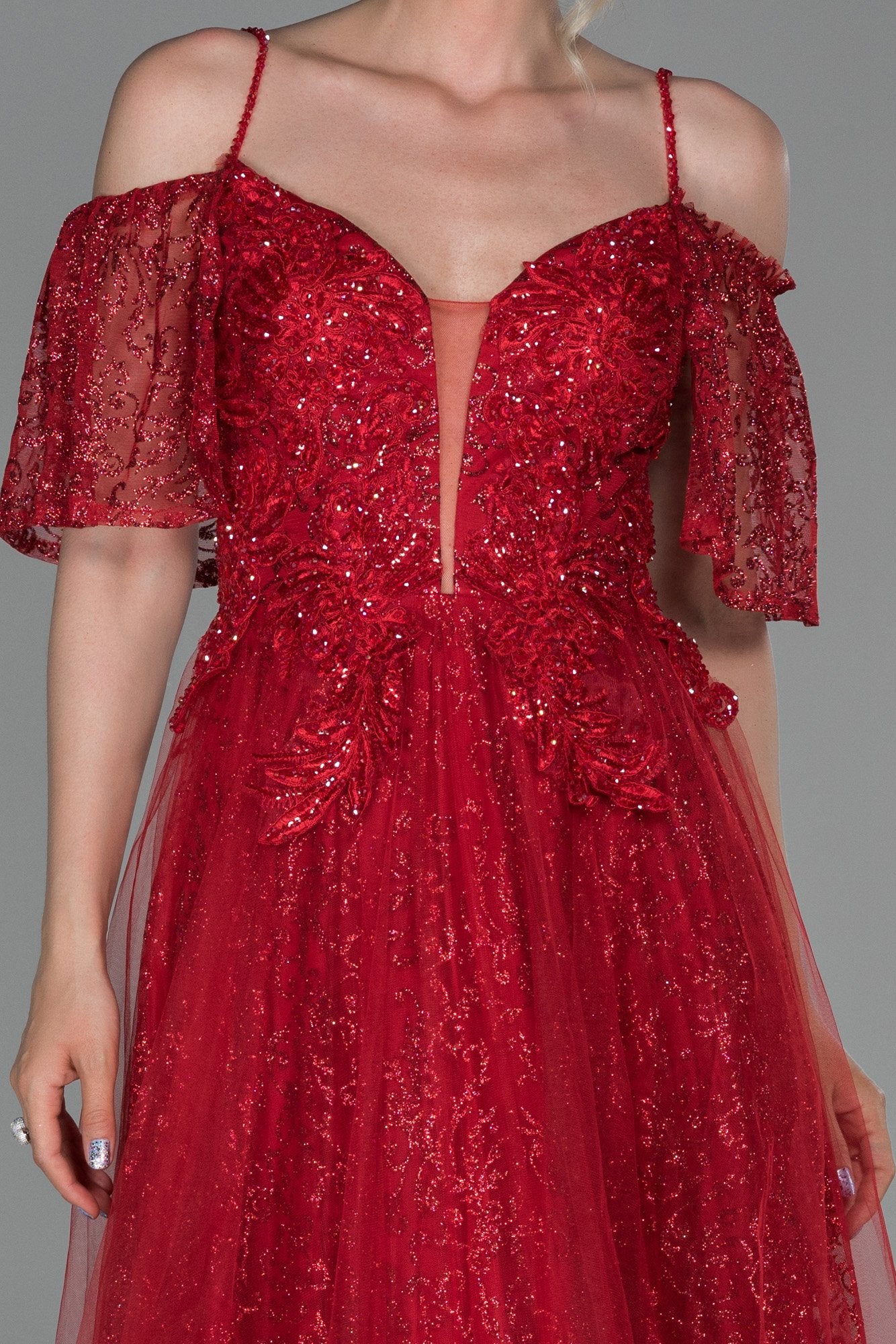 19203 Red Shimmer Detail Tulle Dress