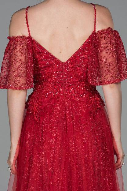 19203 Red Shimmer Detail Tulle Dress