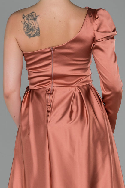 19447 Dark Peach One Shoulder Train Slit Satin Dress