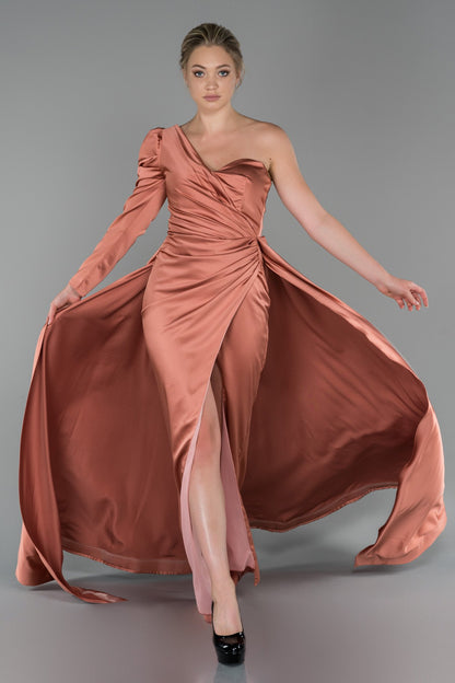 19447 Dark Peach One Shoulder Train Slit Satin Dress