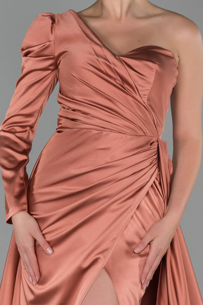 19447 Dark Peach One Shoulder Train Slit Satin Dress